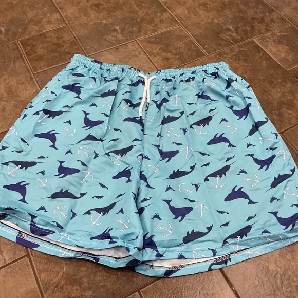 🔥3/$42 w FREE SHIPPING🔥 Blue Shark Whale Fish Print Swim Shorts - Picture 2 of 3